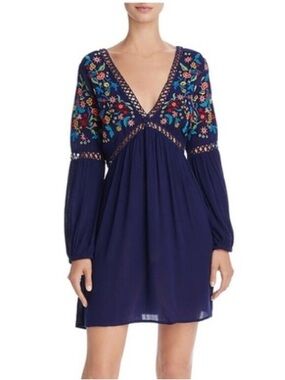 EN CREME Women Navy Boho Floral Embroidered Mini Dress | XS